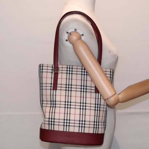 BURBERRY Nova Check Shoulder Bag Canvas Beige Red Auth 90761 - Picture 3 of 16